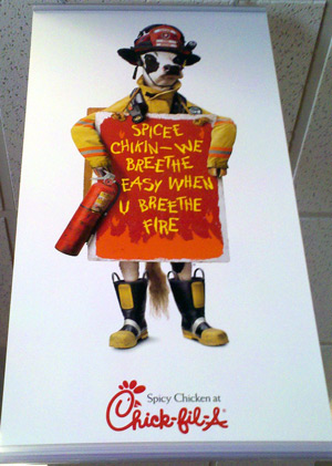 Chickfil-A cow firefighter at Chickfil-A restaurant